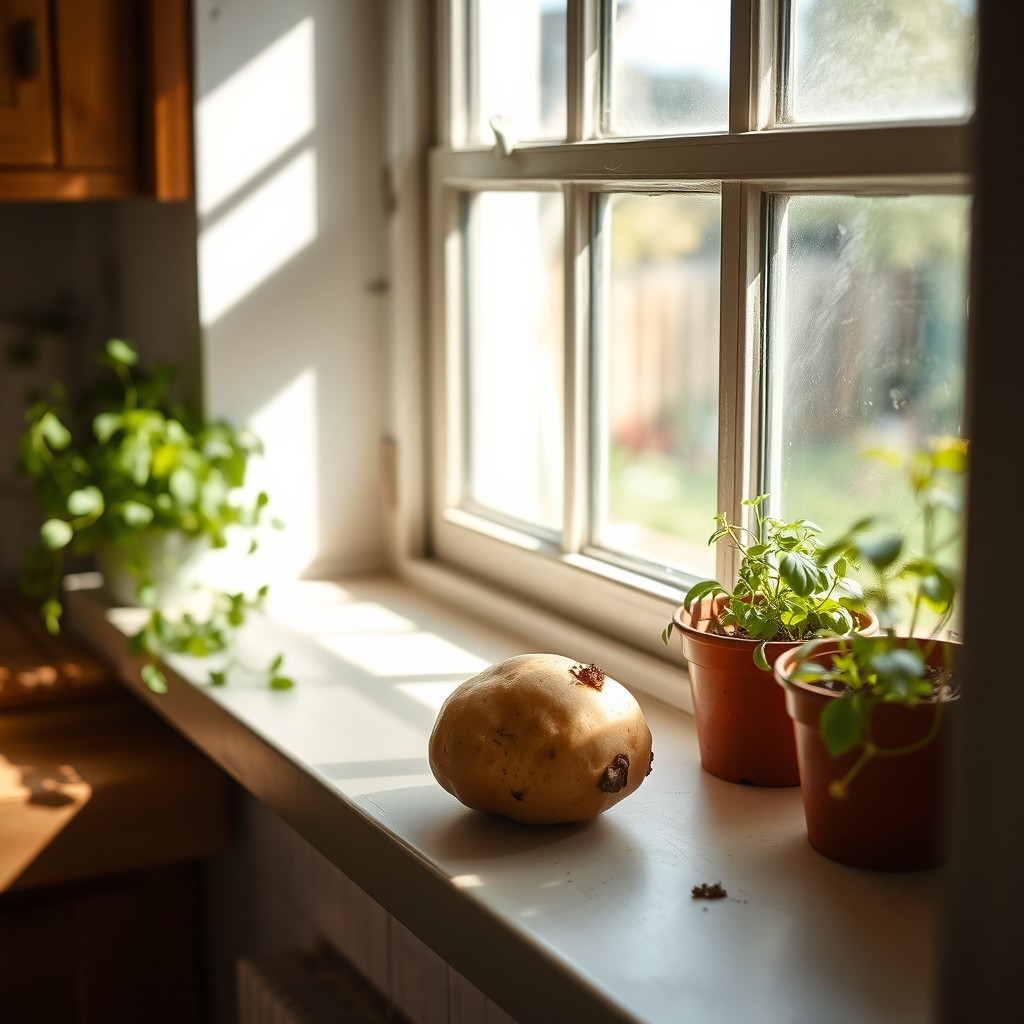 A single potato sitting on a kitchen windowsill, with soft sunlight filtering through the window, casting gentle shadows