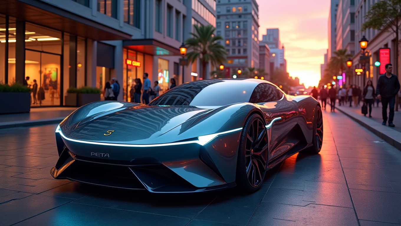 A sleek, futuristic car parked on a vibrant city street at dusk