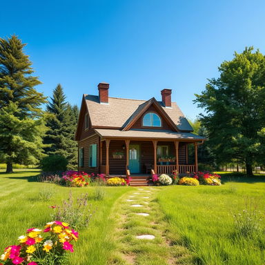A picturesque house situated in a lush green field, surrounded by vibrant flowers and tall trees under a clear blue sky