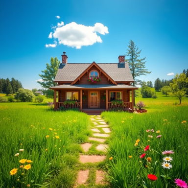 A picturesque house situated in a lush green field, surrounded by vibrant flowers and tall trees under a clear blue sky