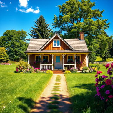 A picturesque house situated in a lush green field, surrounded by vibrant flowers and tall trees under a clear blue sky