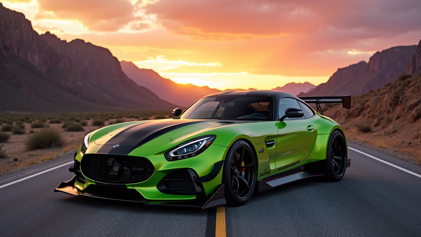 A stunning, modified sports car with an aggressive stance and eye-catching custom paint job featuring neon green and deep black accents