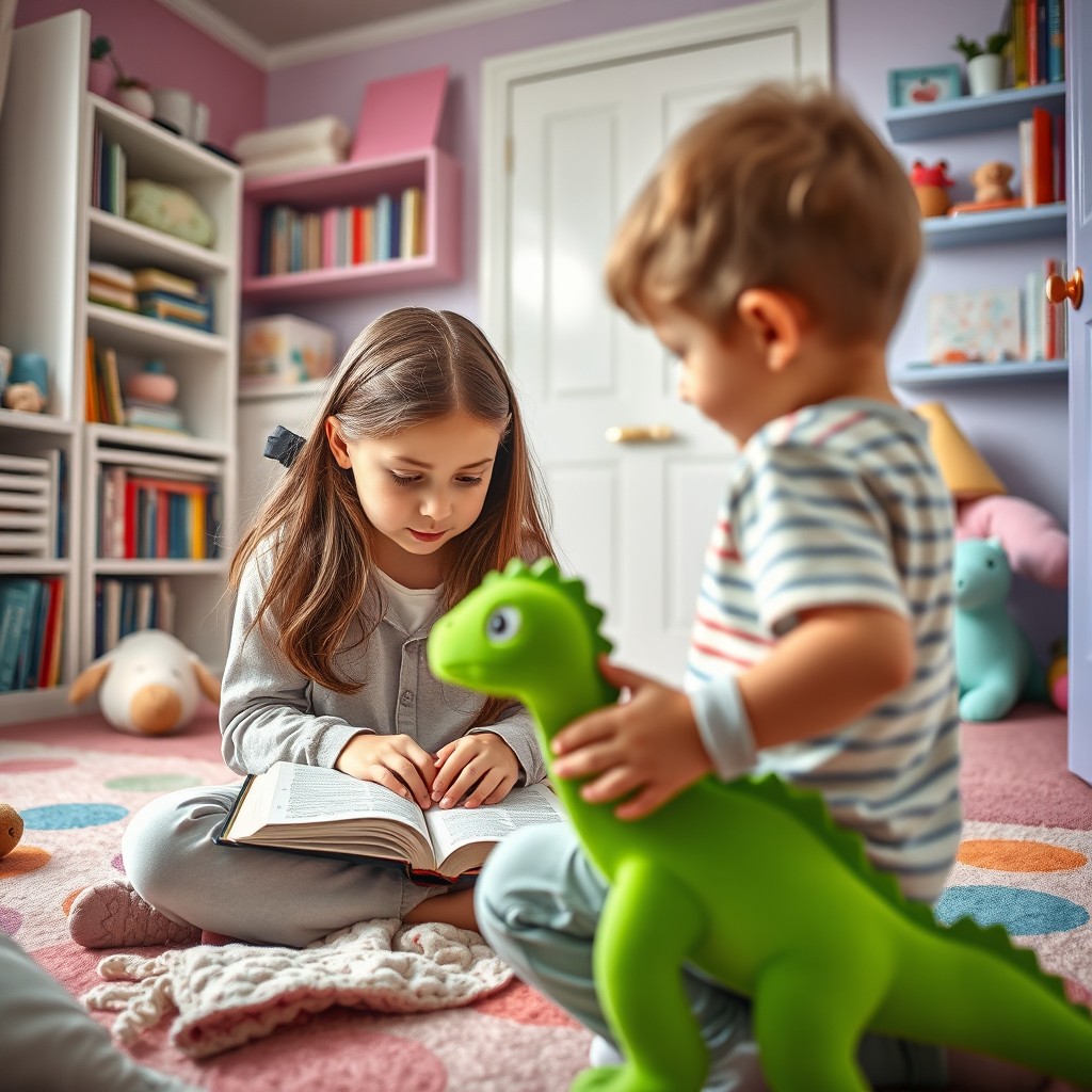 An 11-year-old girl sitting on the floor of her colorful bedroom, deeply focused on reading her Bible