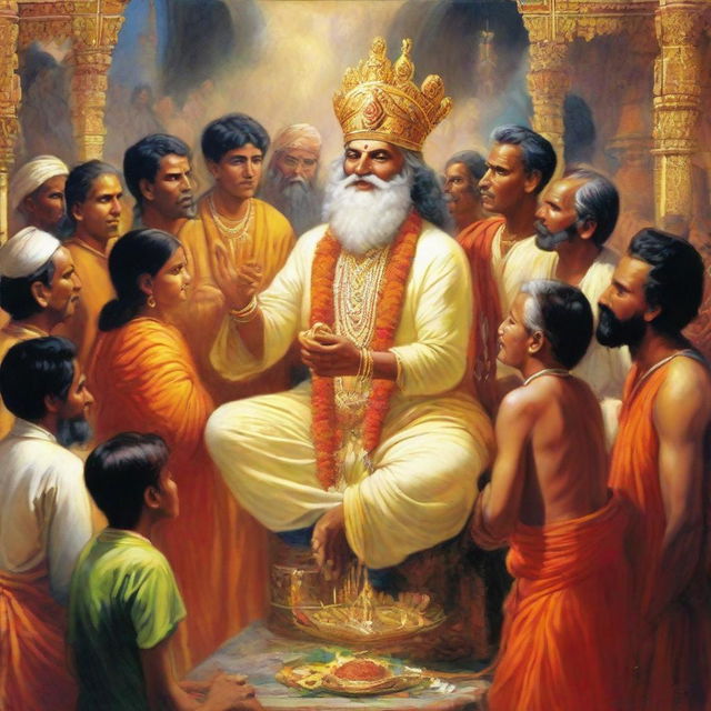 A divine figure of God mingling with Indian people on Earth. God, in resplendent attire, with people clad in traditional Indian clothes, interacting in an ambience of fervor during a festival.