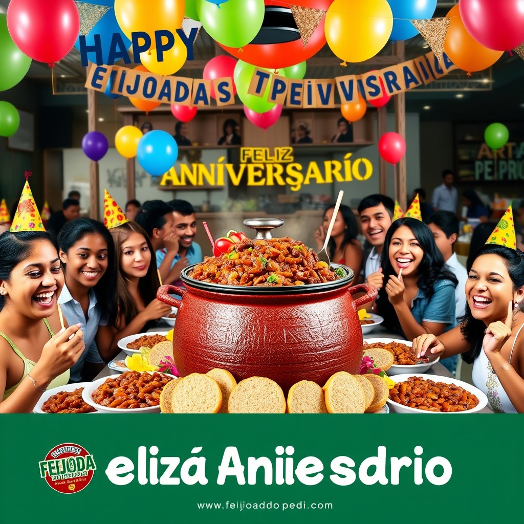 A vibrant and festive Instagram advertisement celebrating a birthday for 'Feijoada do Pedrão'