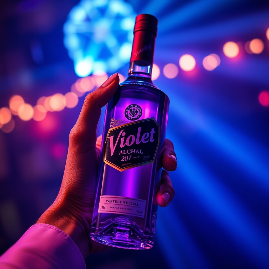 A stylish image featuring a hand elegantly holding a bottle of alcohol with a captivating violet hue