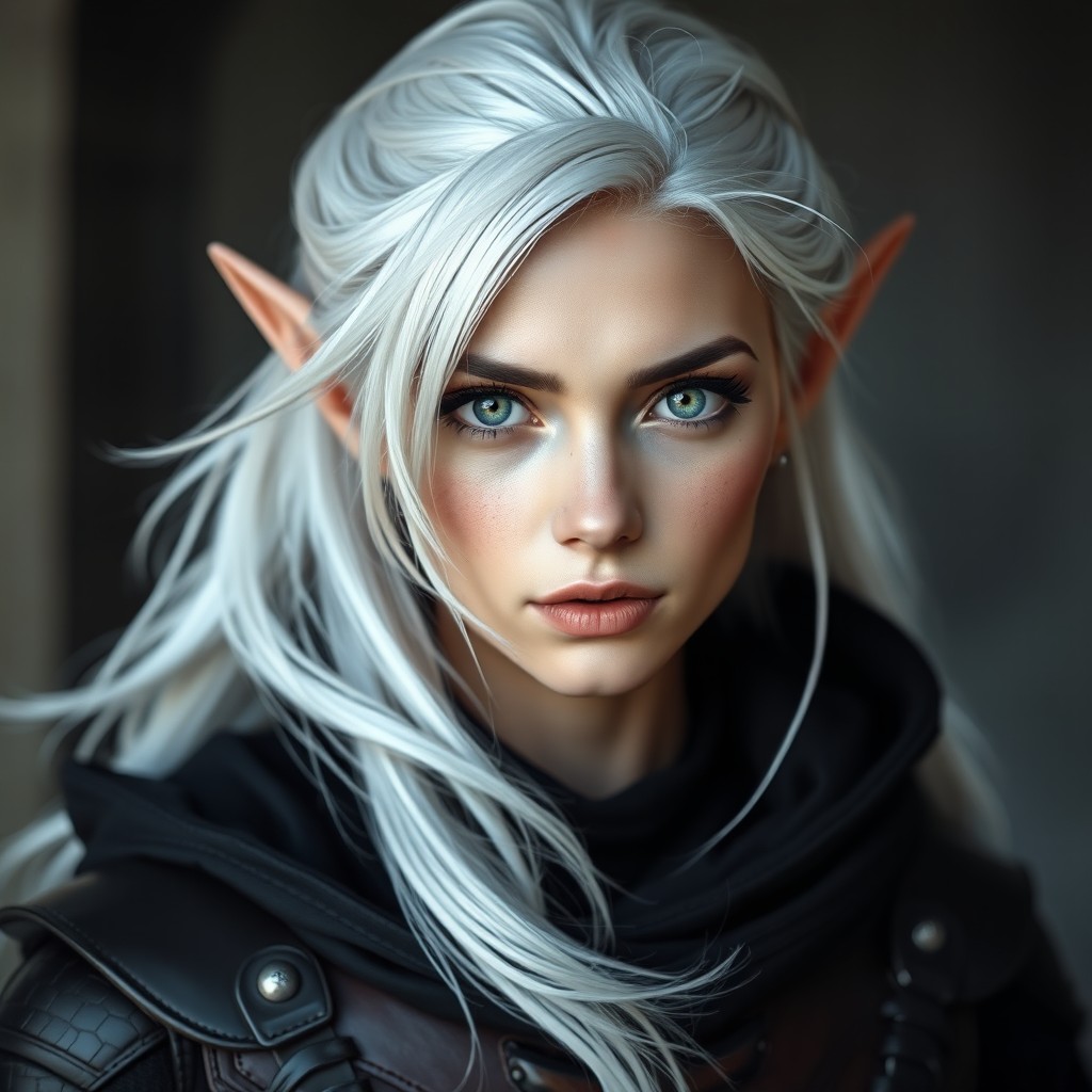 A stunning portrait of a beautiful female elf with flowing white hair, a faint facial scar partially hidden by her hair, dressed in sleek black leather armor