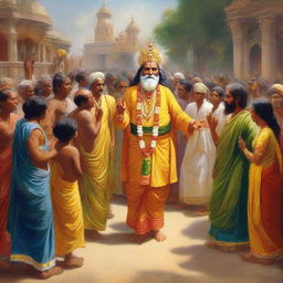 A divine figure of God mingling with Indian people on Earth. God, in resplendent attire, with people clad in traditional Indian clothes, interacting in an ambience of fervor during a festival.