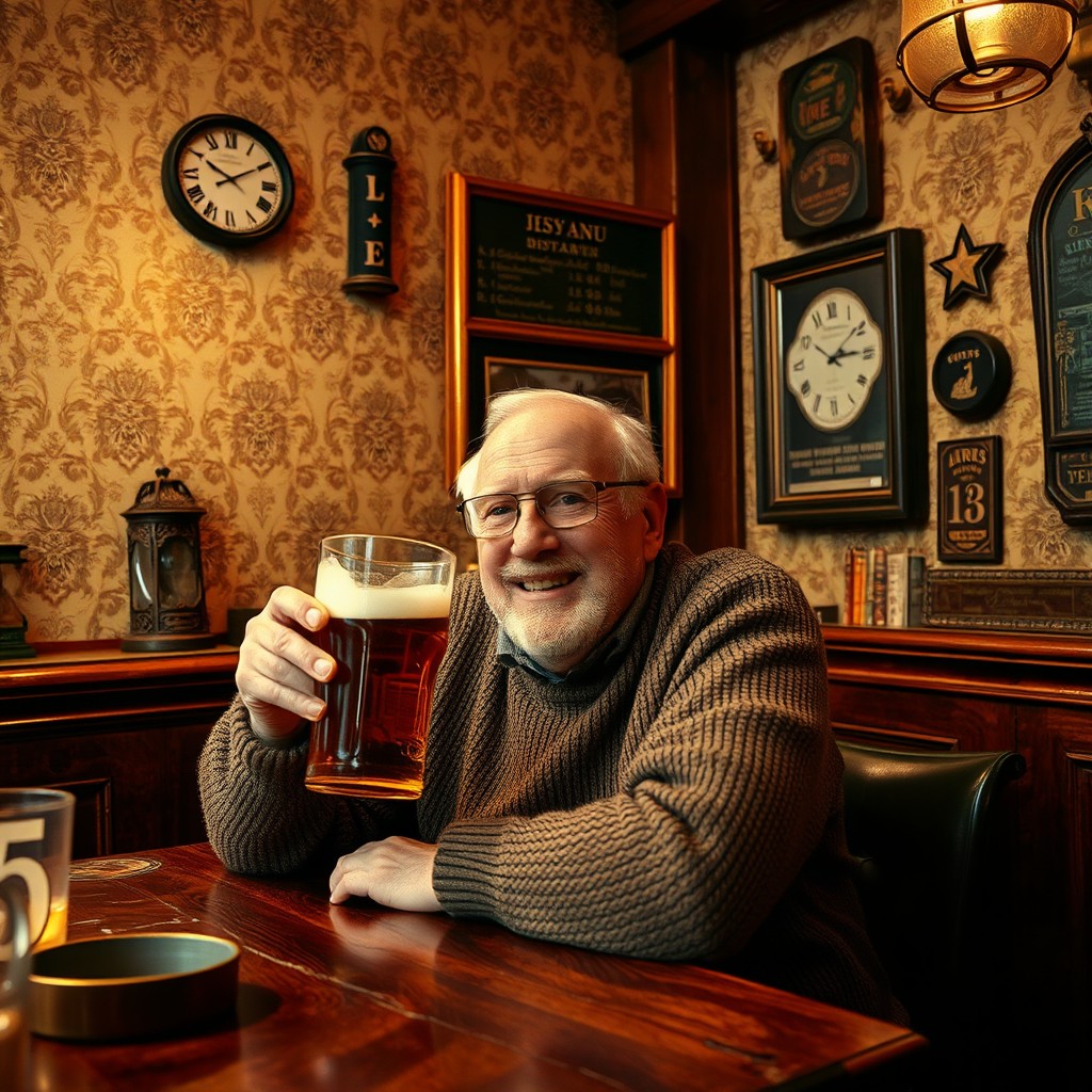 An elderly man sitting at a rustic pub table, surrounded by warm wooden decor and vintage wallpaper