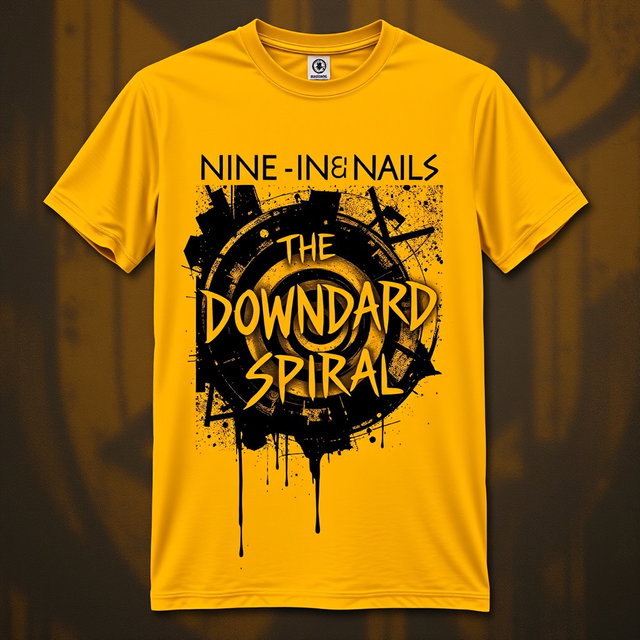 A mustard-colored t-shirt inspired by the themes and aesthetic of the album 'The Downward Spiral' by Nine Inch Nails