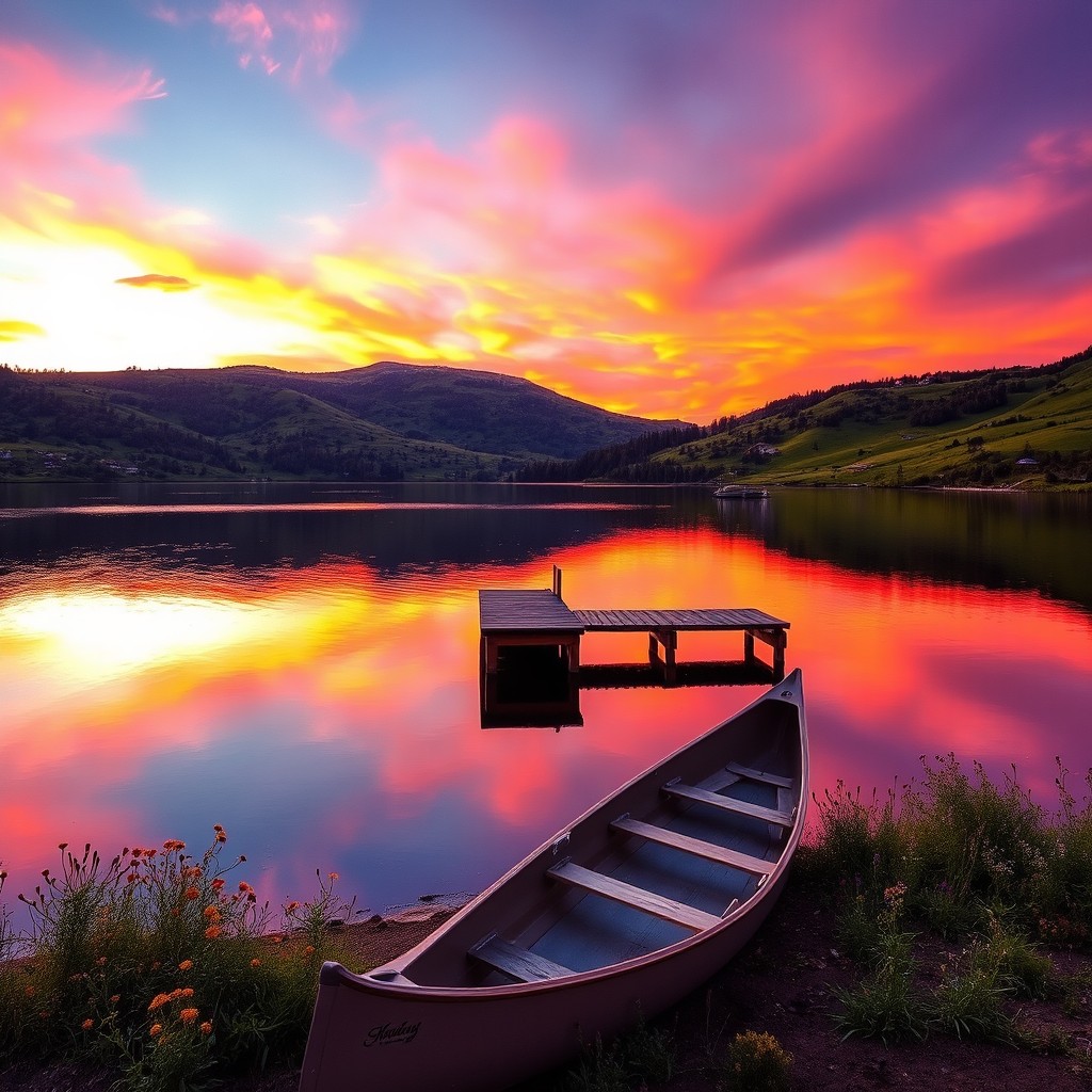 An enchanting landscape at sunset, featuring a serene lake reflecting the vibrant orange and purple hues of the sky