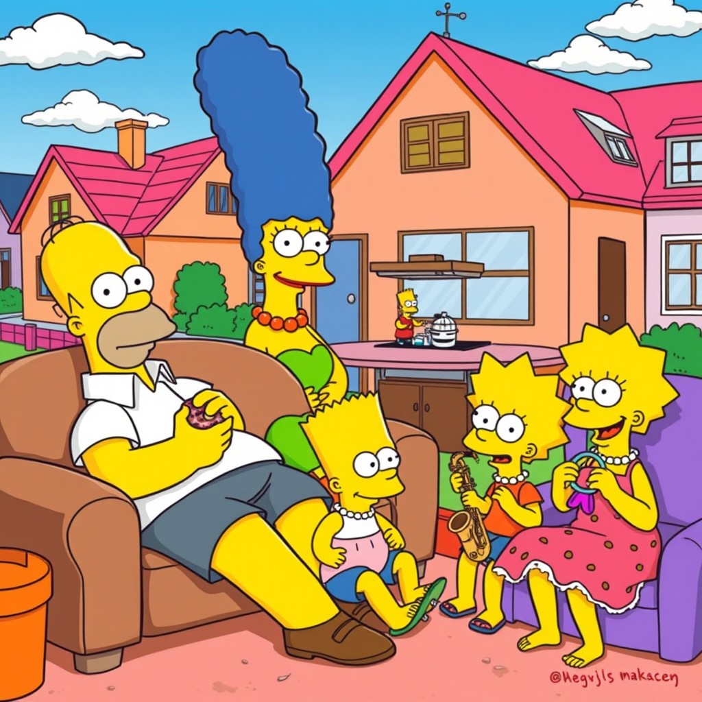 A vibrant and humorous scene inspired by The Simpsons, featuring a caricatured yellow family living in a colorful neighborhood