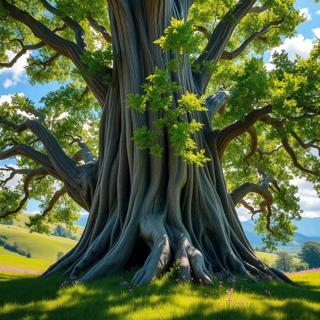 A majestic, towering tree with a thick trunk and sprawling branches, adorned with vibrant green leaves