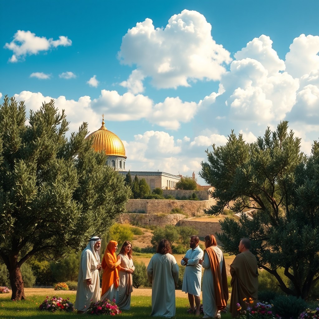 A stunning biblical scene featuring a serene landscape of ancient Jerusalem, with the golden dome of the Temple in the background