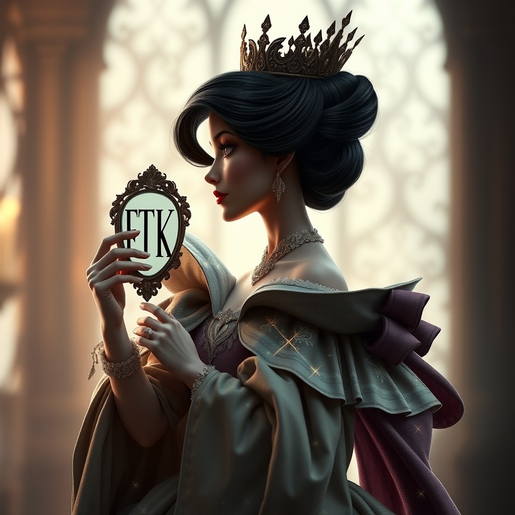 A stunning profile picture of a Disney queen, featuring an awe-inspiring gown adorned with intricate details and flowing fabric