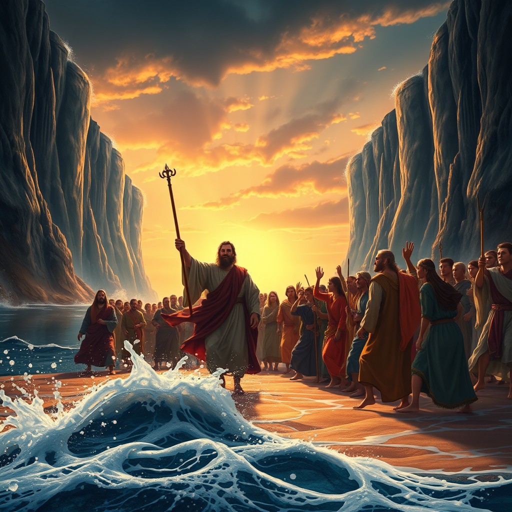 A magnificent biblical scene depicting the moment of Moses parting the Red Sea, with towering walls of water on either side and a dramatic sunset in the background
