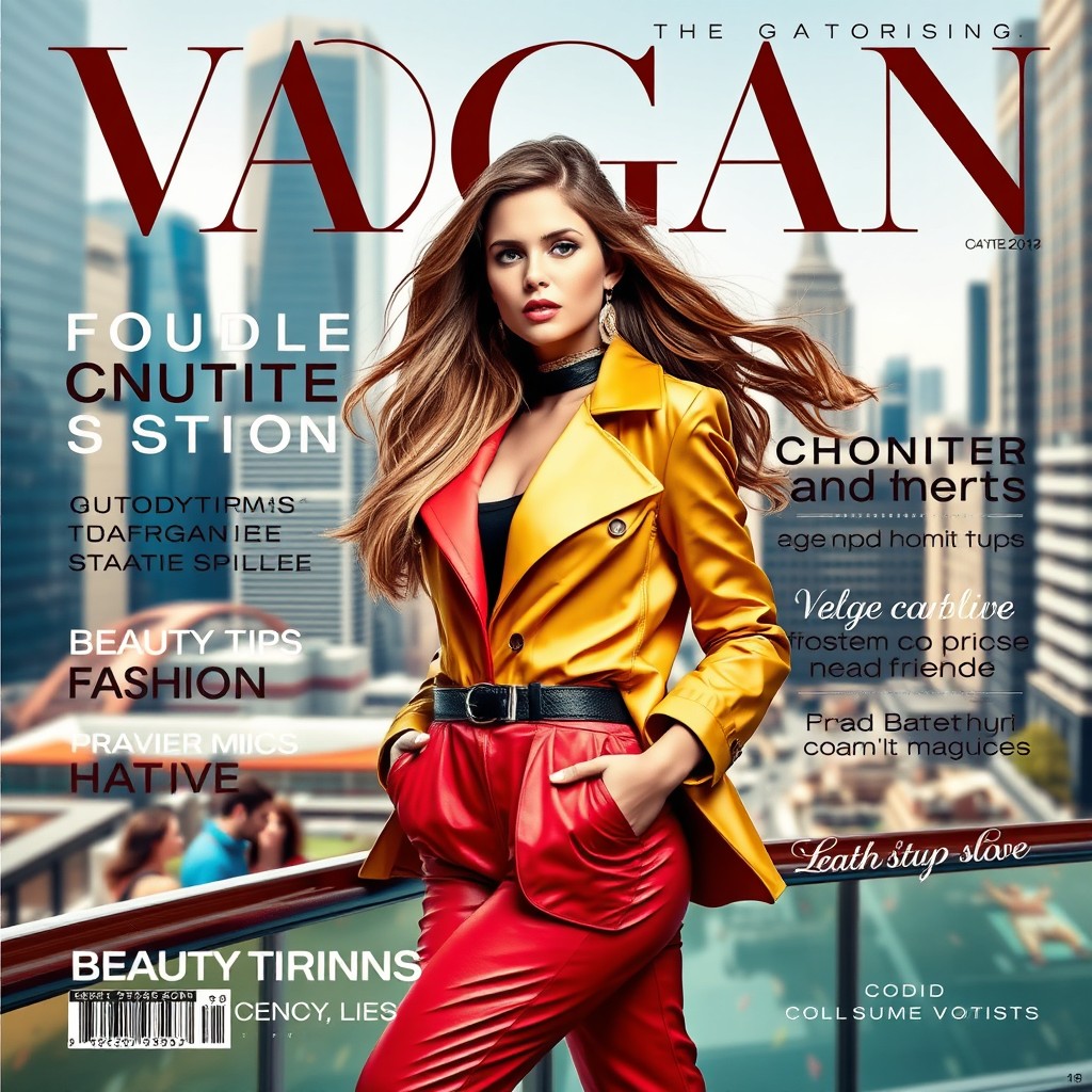 A stylish and eye-catching magazine cover featuring a contemporary fashion model posing confidently in a chic urban setting