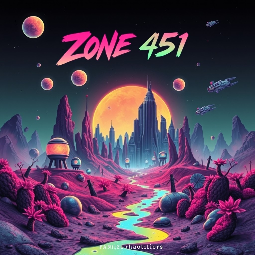 A striking and visually engaging cover for a fanzine titled 'Zone 451'