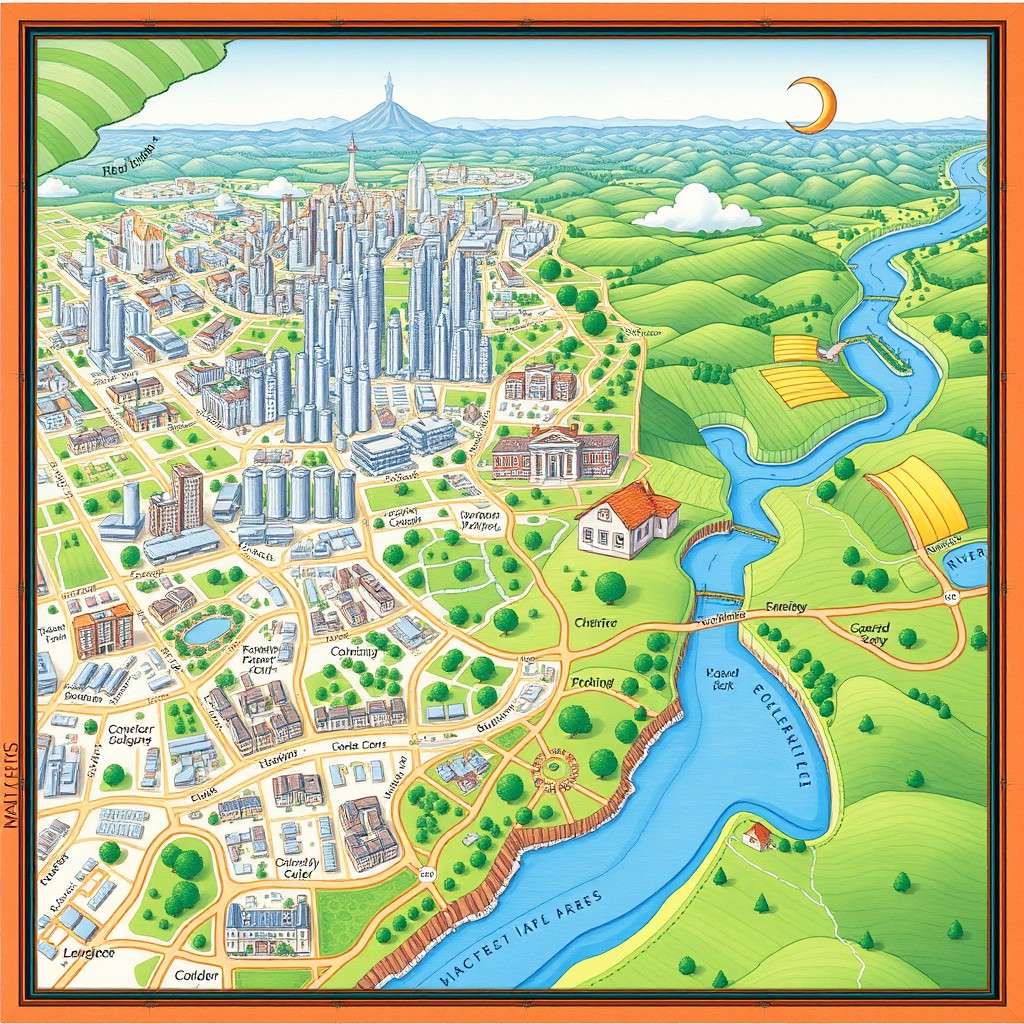 A detailed map of a city showcasing both urban and rural areas