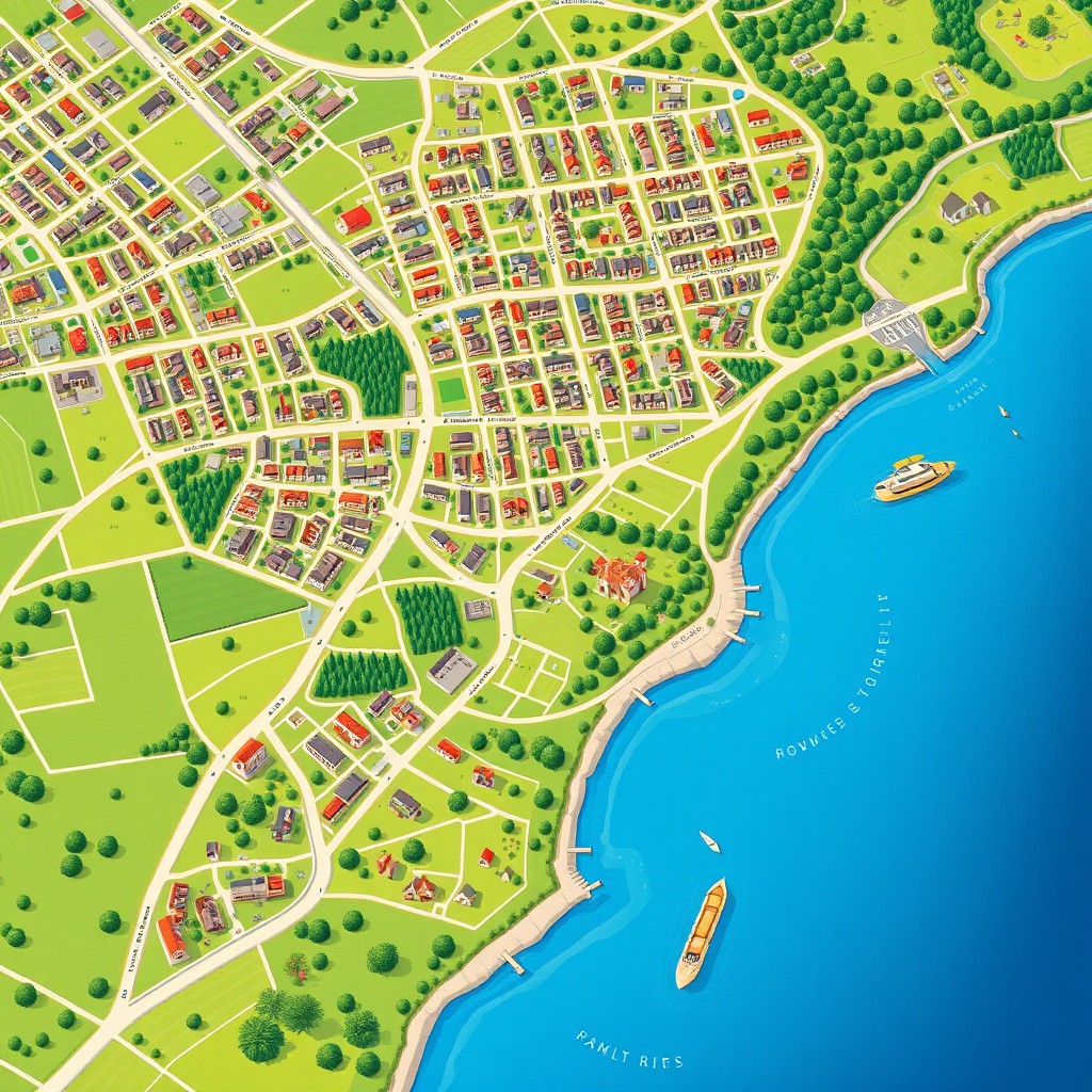 A detailed city map illustrating both urban and countryside areas