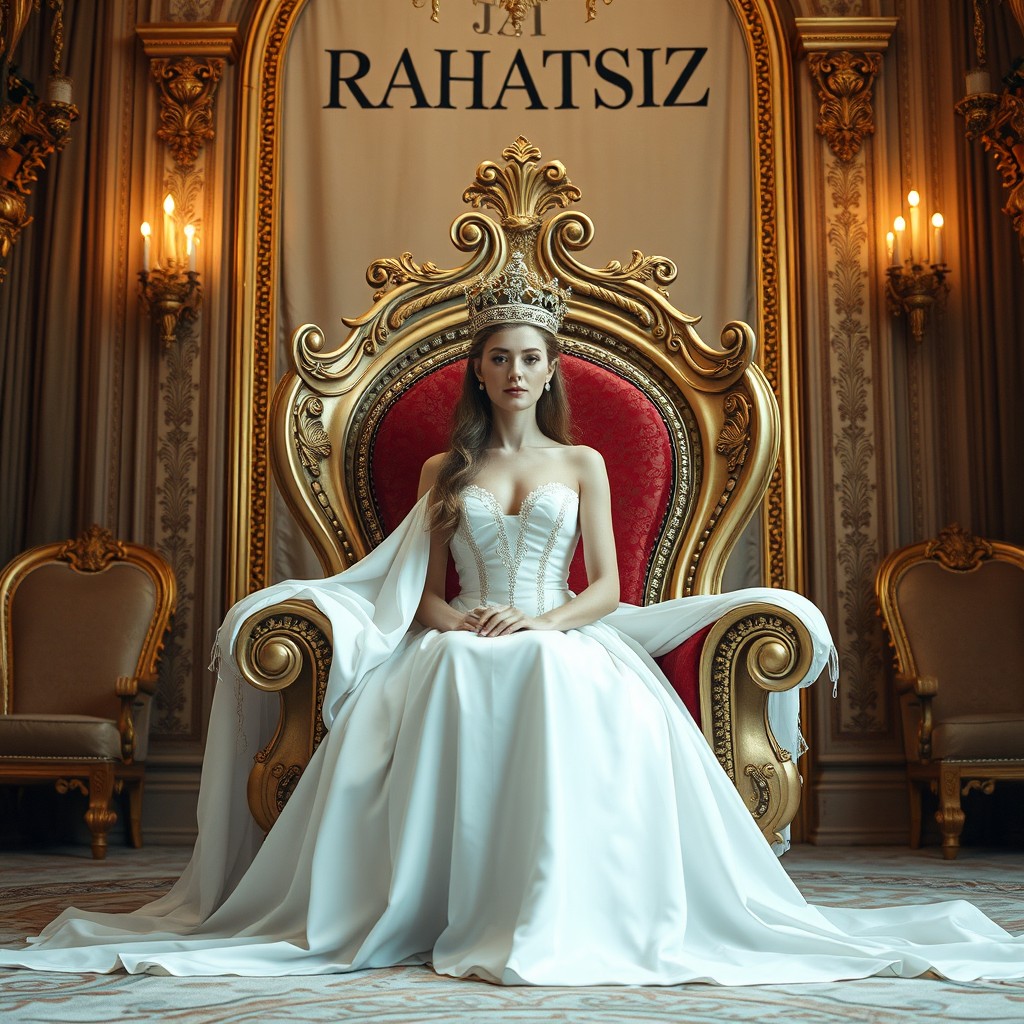 In a magnificent room, a queen with striking beauty sits on an ornate throne, wearing a flowing, pure white dress that cascades elegantly around her