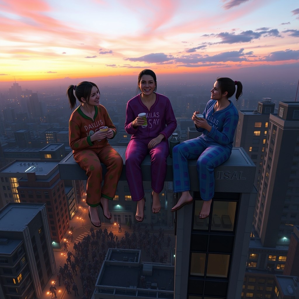 Three characters from the game DayZ are having a pajama party on the rooftop of a tall building