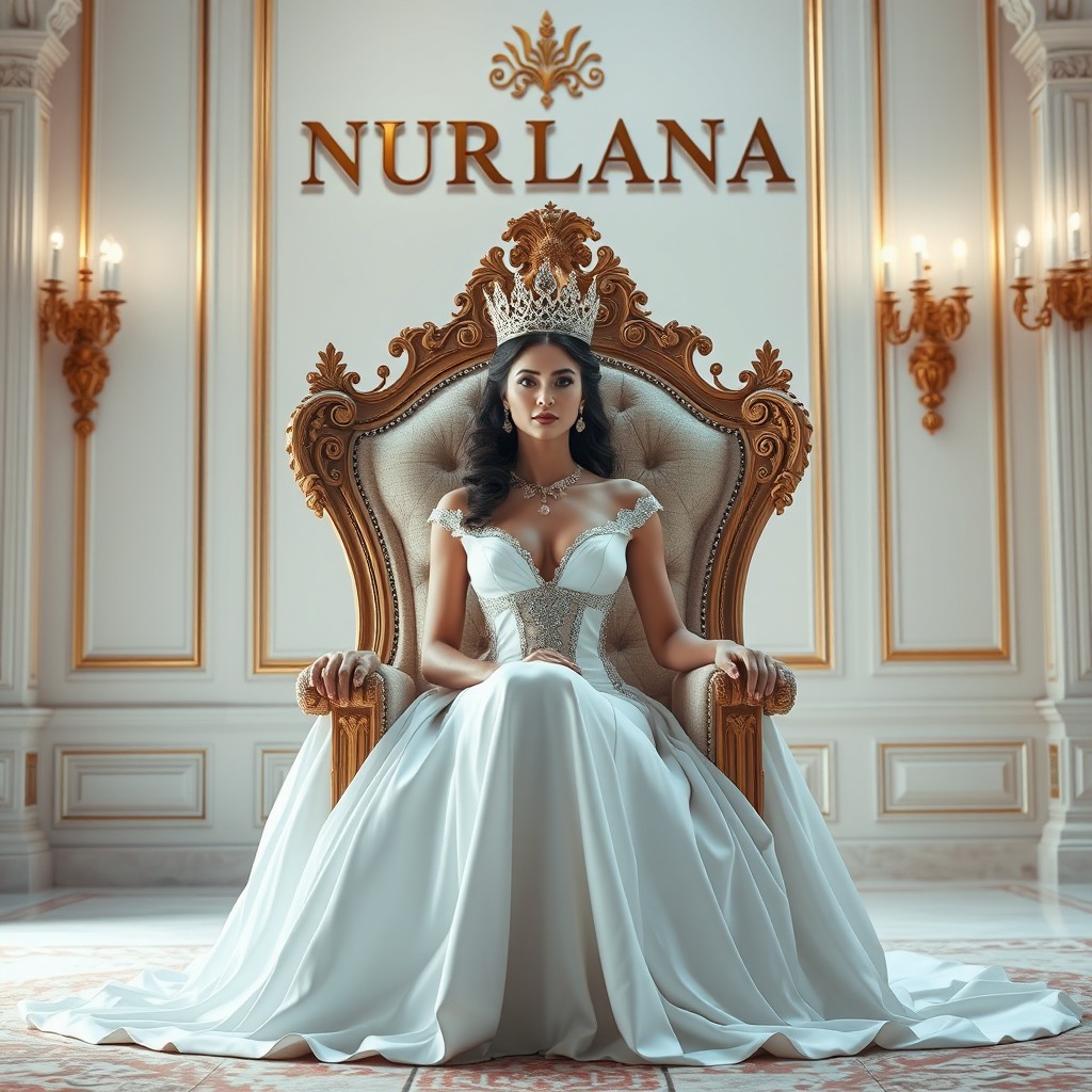 A stunning queen sitting on a throne in a perfect room, wearing a long, flowing white dress that accentuates her beauty