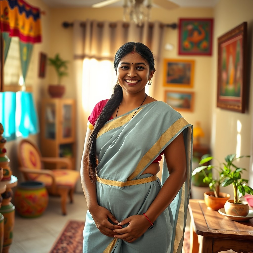 A portrait of an Indian housemaid wearing a traditional light blue saree and an apron, standing confidently in a cozy, well-maintained home