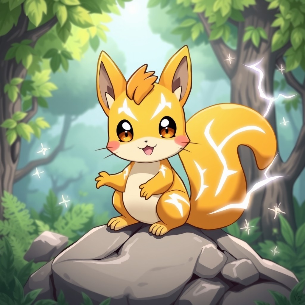 A charming Pokemon-style electric squirrel character, featuring vibrant yellow fur adorned with striking white lightning patterns