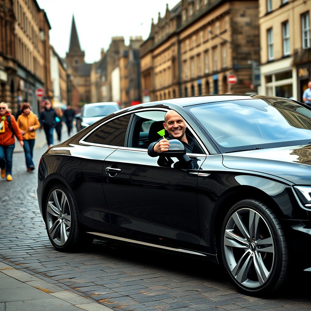 A sleek black Audi A5 cruising through the historic streets of Edinburgh, Scotland