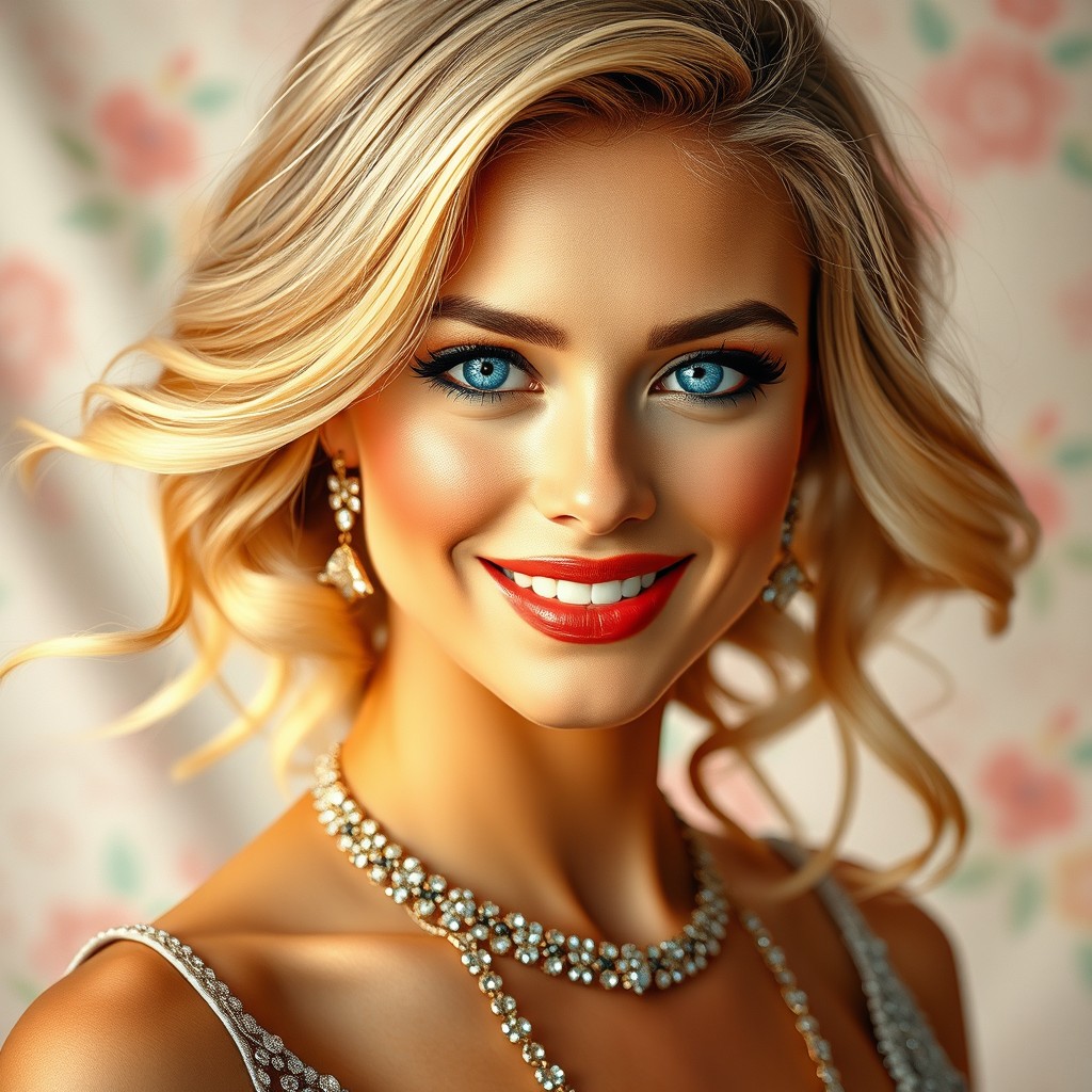 A portrait of an incredibly beautiful woman, featuring striking features such as captivating blue eyes, flowing wavy blonde hair, and a radiant smile