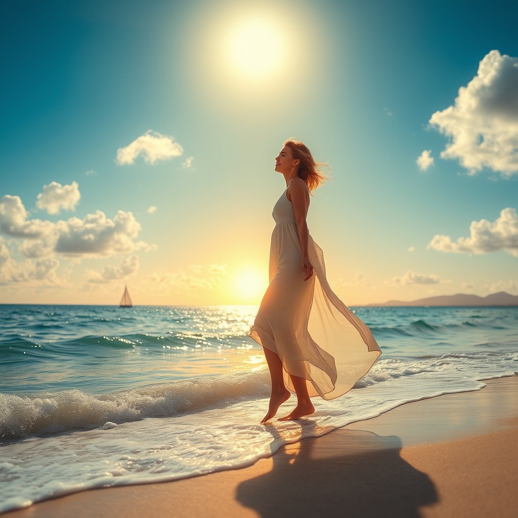 A beautiful woman standing gracefully at the edge of the sea, with gentle waves lapping at her feet