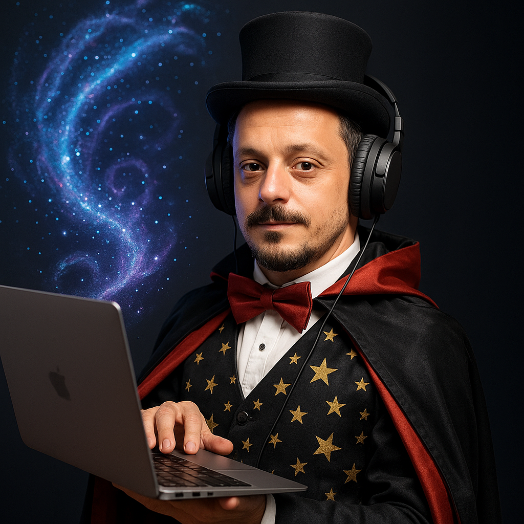 Make him a magician with headphones and laptop