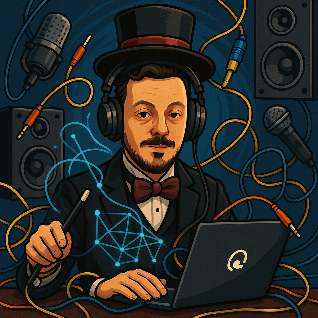 Make him a magician with headphones and laptop with network and sound cables around him and microphones and speakers.