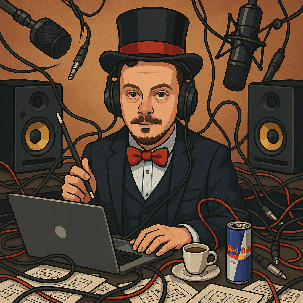 Make him a magician with headphones and laptop with network and sound cables around him and microphones and speakers. Also a red bull and a espresso in front of him and a tone of papers thrown around the desk with schematics and projects on them.