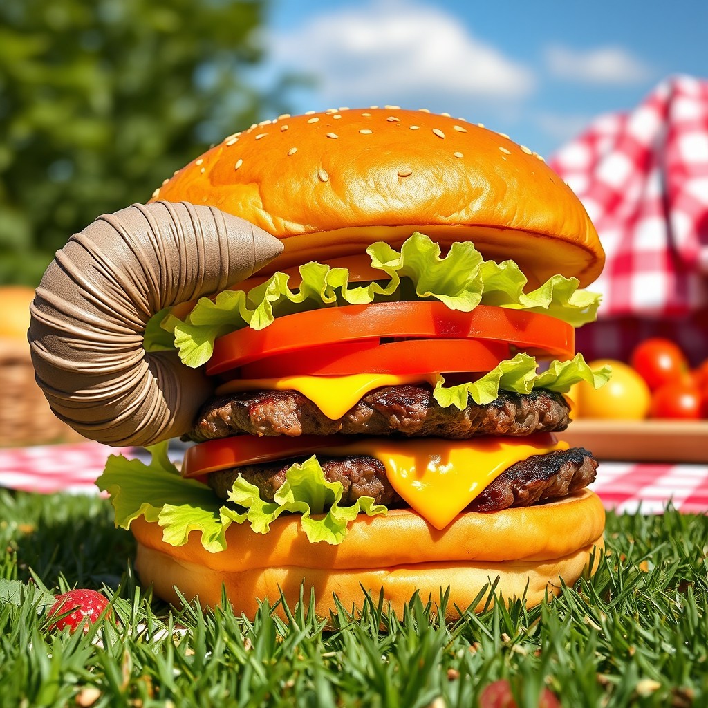 A whimsical scene featuring a large, mouth-watering hamburger with an elephant's trunk playfully sticking out of it