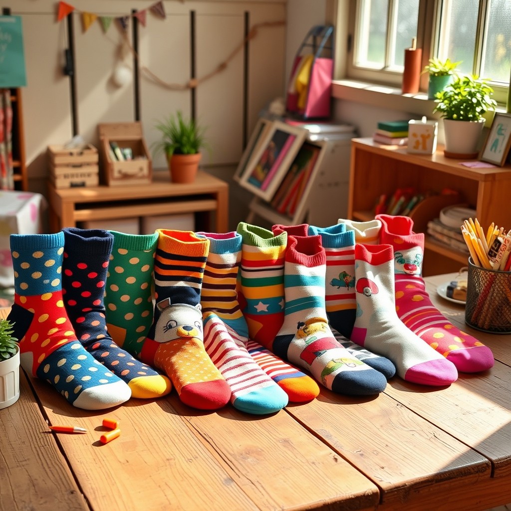 A vibrant collection of colorful socks displayed neatly on a rustic wooden table