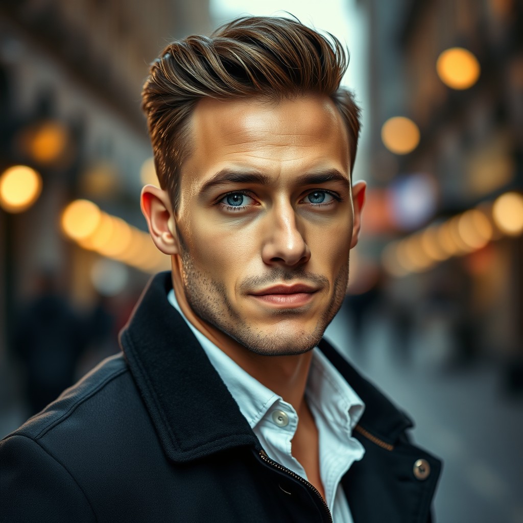 A portrait of a handsome man with striking features, defined jawline, and captivating eyes