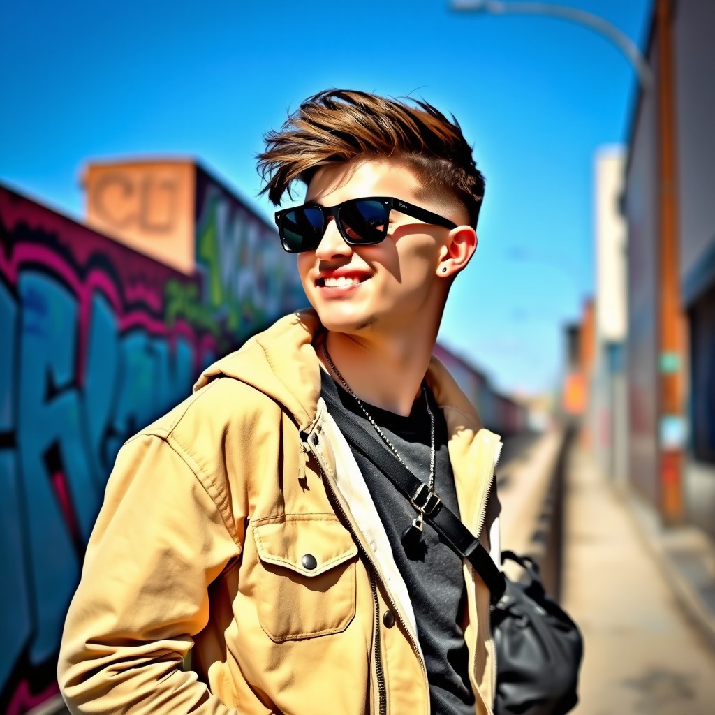 A cool young man with a stylish haircut, wearing trendy streetwear, casually leaning against a graffiti-covered wall