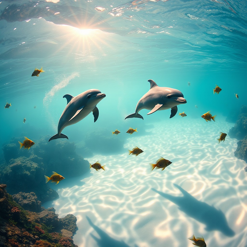 A serene and lively underwater scene featuring playful dolphins swimming gracefully through crystal clear waters, accompanied by vibrant and colorful fantail fish darting around them