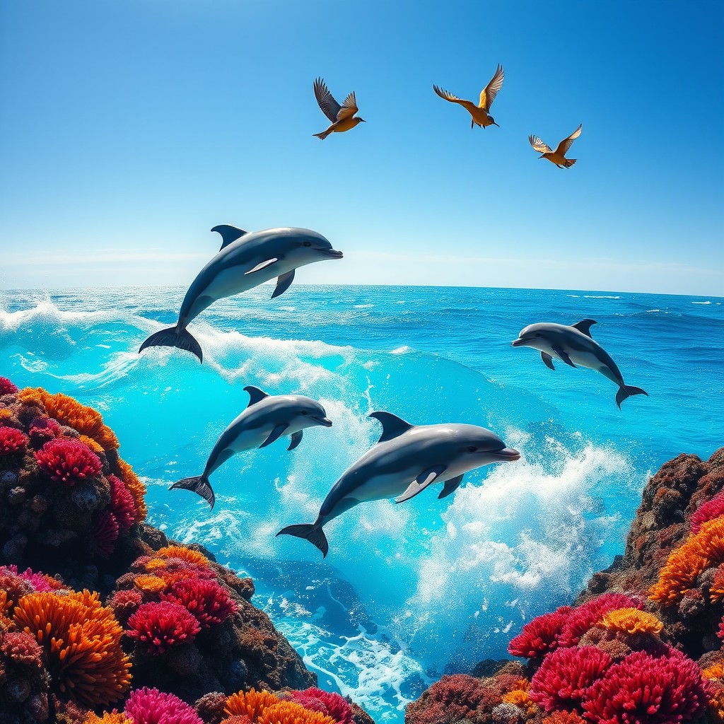 A serene marine scene featuring playful dolphins leaping through the sparkling blue ocean waves, surrounded by colorful tropical coral reefs