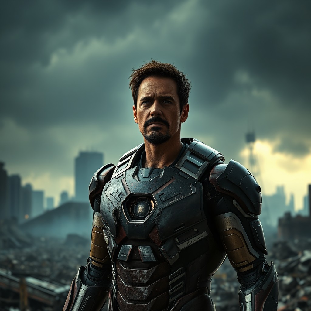 A cinematic scene depicting Tony Stark, a charismatic and rugged superhero, visibly injured and weary, standing amid the ruins of a destroyed city