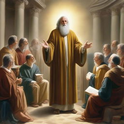 God, depicted as a wise old teacher, surrounded by eager students on Earth. In an enlightening environment, God shares wisdom, his robe glowing against the backdrop of an age-old study hall.