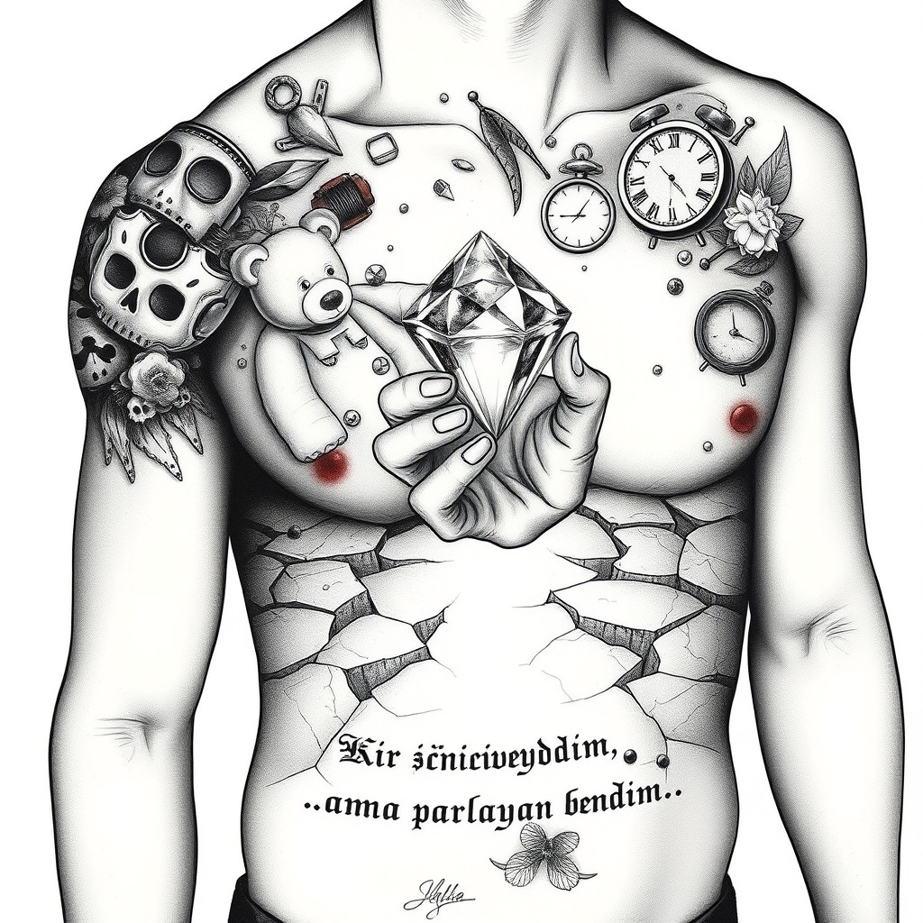 A surreal tattoo concept that stretches from the right shoulder to the front chest