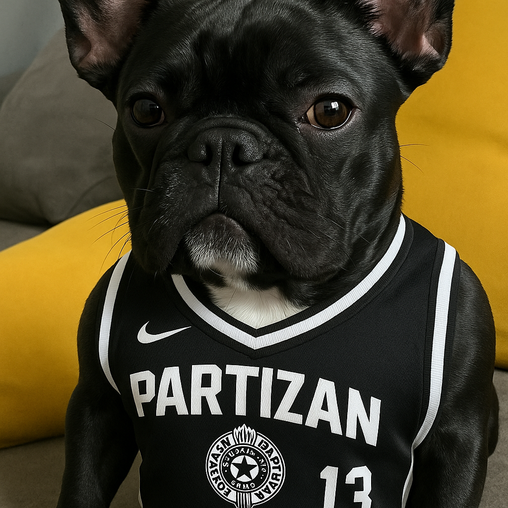 Dog wearing basketball club Partizan jersey with number 13
