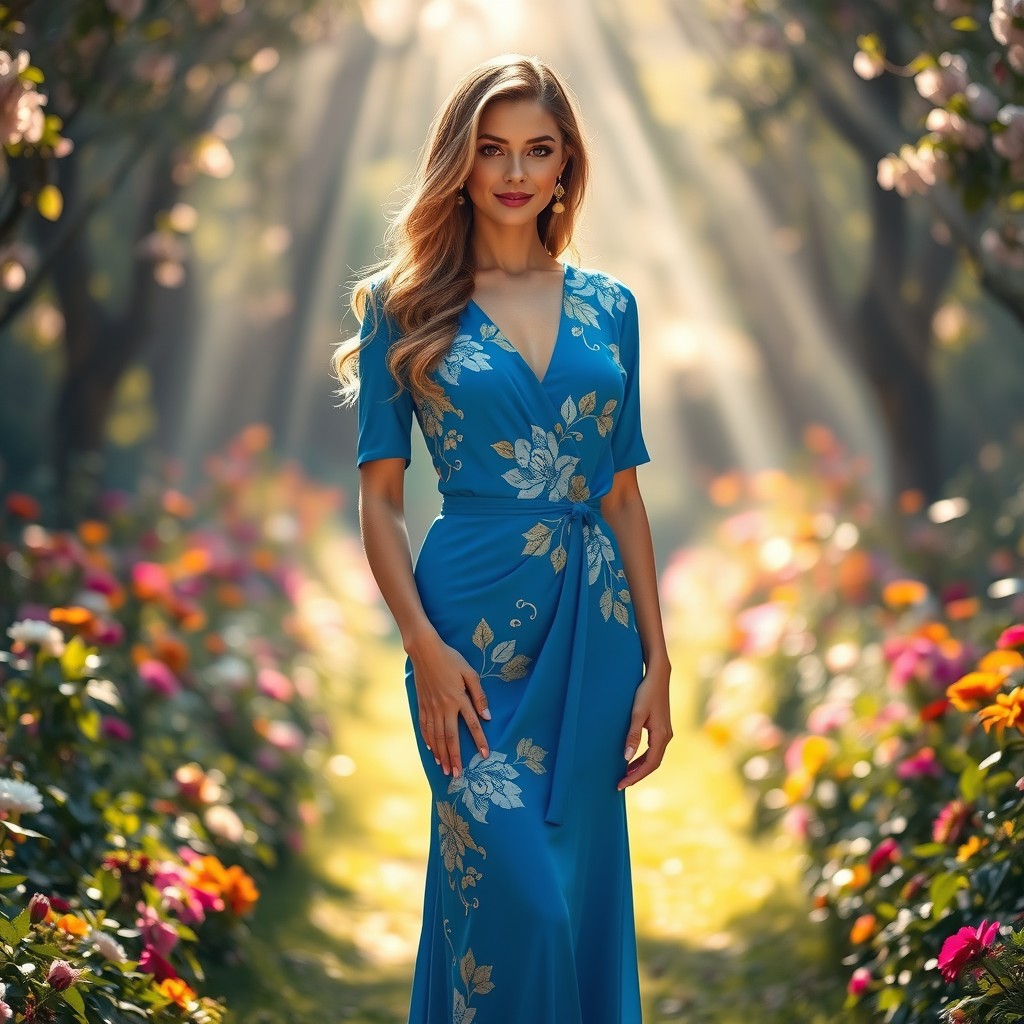 A woman standing confidently, wearing a stylish and elegant dress that beautifully drapes her figure