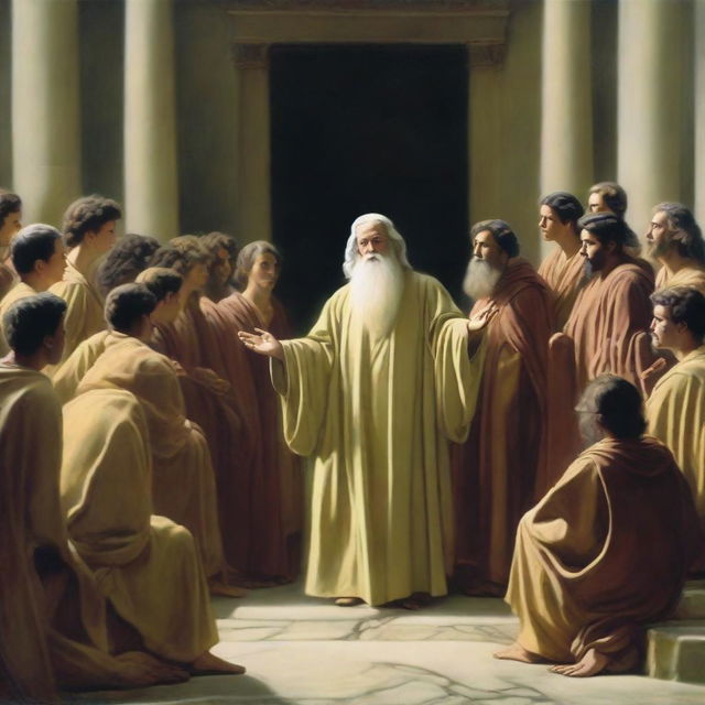 God, depicted as a wise old teacher, surrounded by eager students on Earth. In an enlightening environment, God shares wisdom, his robe glowing against the backdrop of an age-old study hall.