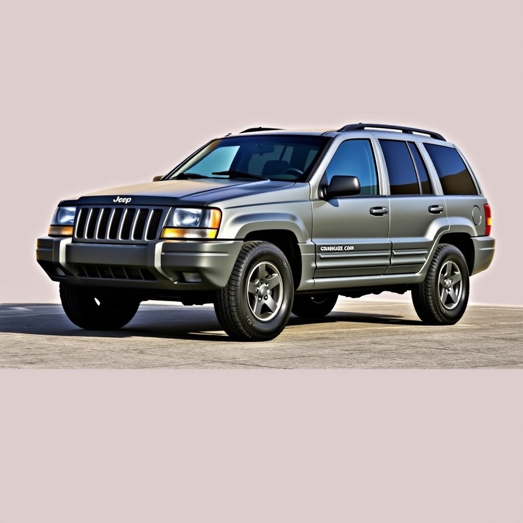 A realistic image of a 2000 Jeep Grand Cherokee WG (second generation, 1999-2004), painted completely in military naval gray