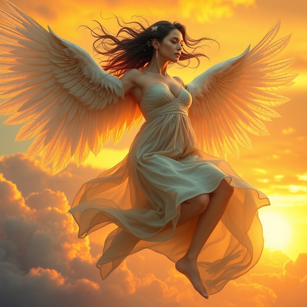 A stunning woman with powerful, majestic wings, soaring gracefully through a vibrant sunset sky