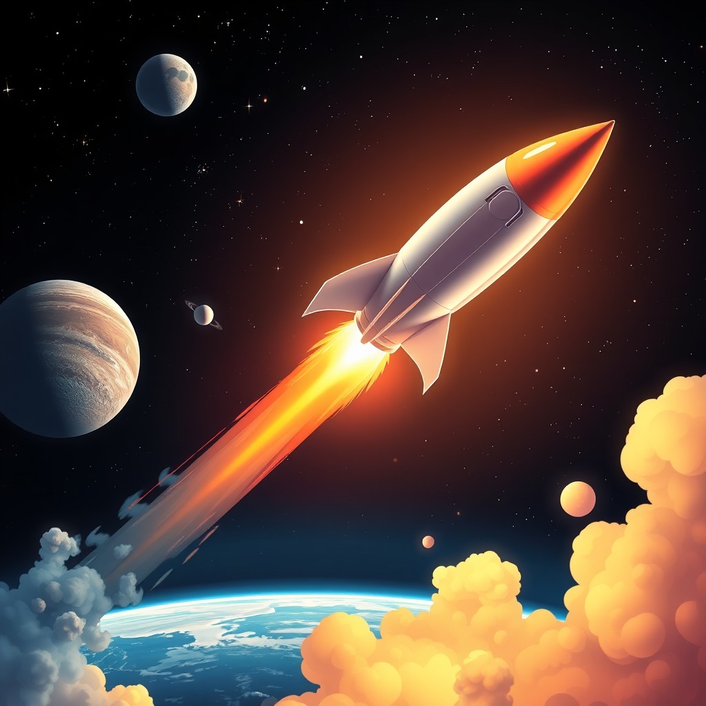 A stunning digital art poster depicting a rocket launch into space, with a powerful and vibrant rocket blasting off against a backdrop of a starry night sky